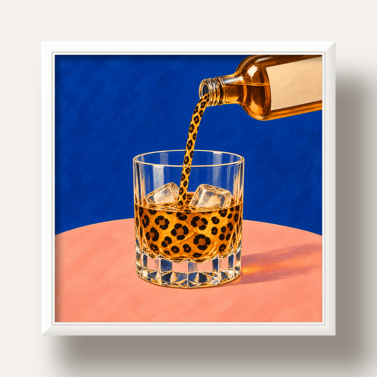 Leopar Desenli İçki Posteri – Modern Yağlı Boya Bar Sanatı — beyaz derin çerçeveli