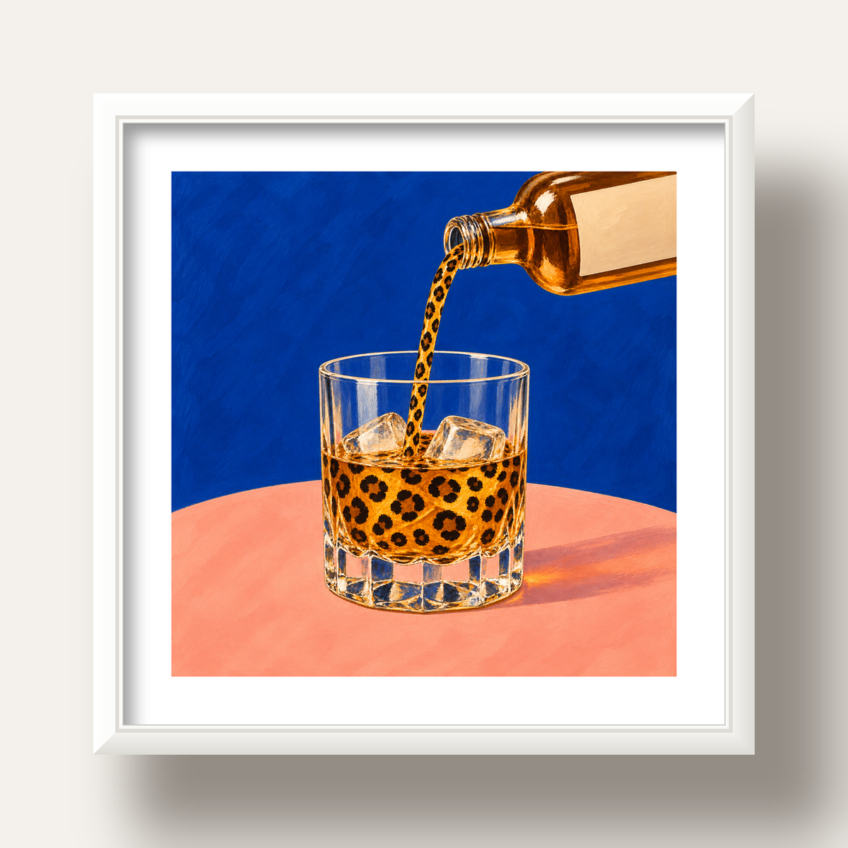 Leopar Desenli İçki Posteri – Modern Yağlı Boya Bar Sanatı — beyaz derin çerçeveli paspartulu