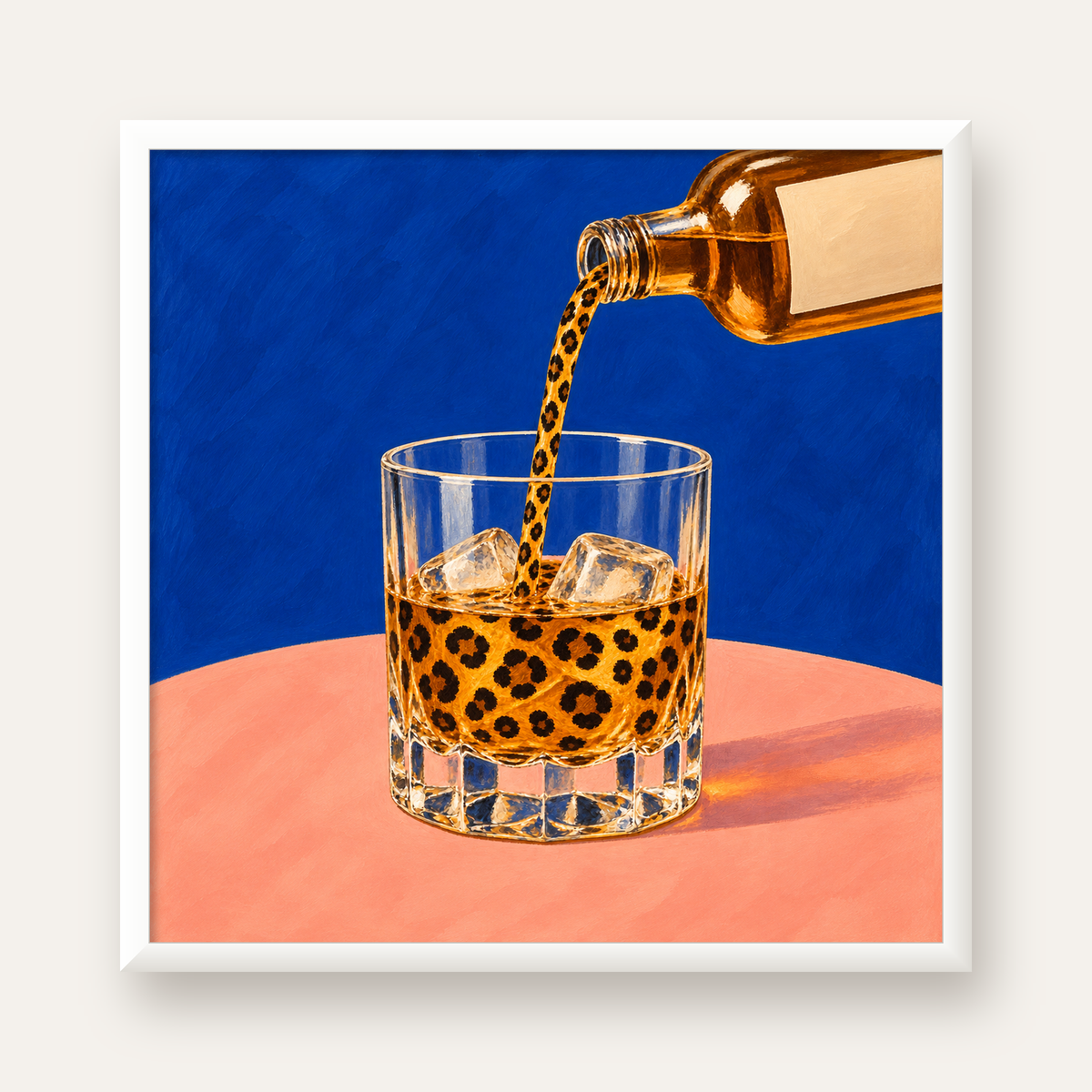 Leopar Desenli İçki Posteri – Modern Yağlı Boya Bar Sanatı — beyaz çerçeveli kare poster
