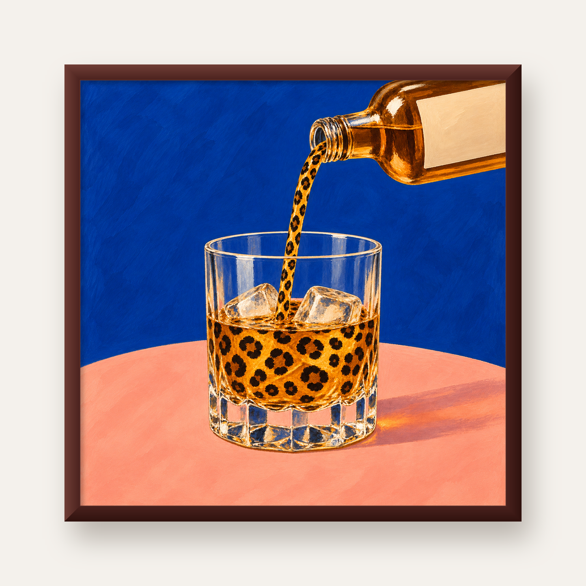 Leopar Desenli İçki Posteri – Modern Yağlı Boya Bar Sanatı — ceviz çerçeveli