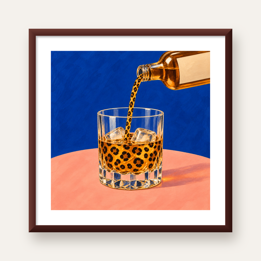 Leopar Desenli İçki Posteri – Modern Yağlı Boya Bar Sanatı — ceviz çerçeveli paspartulu