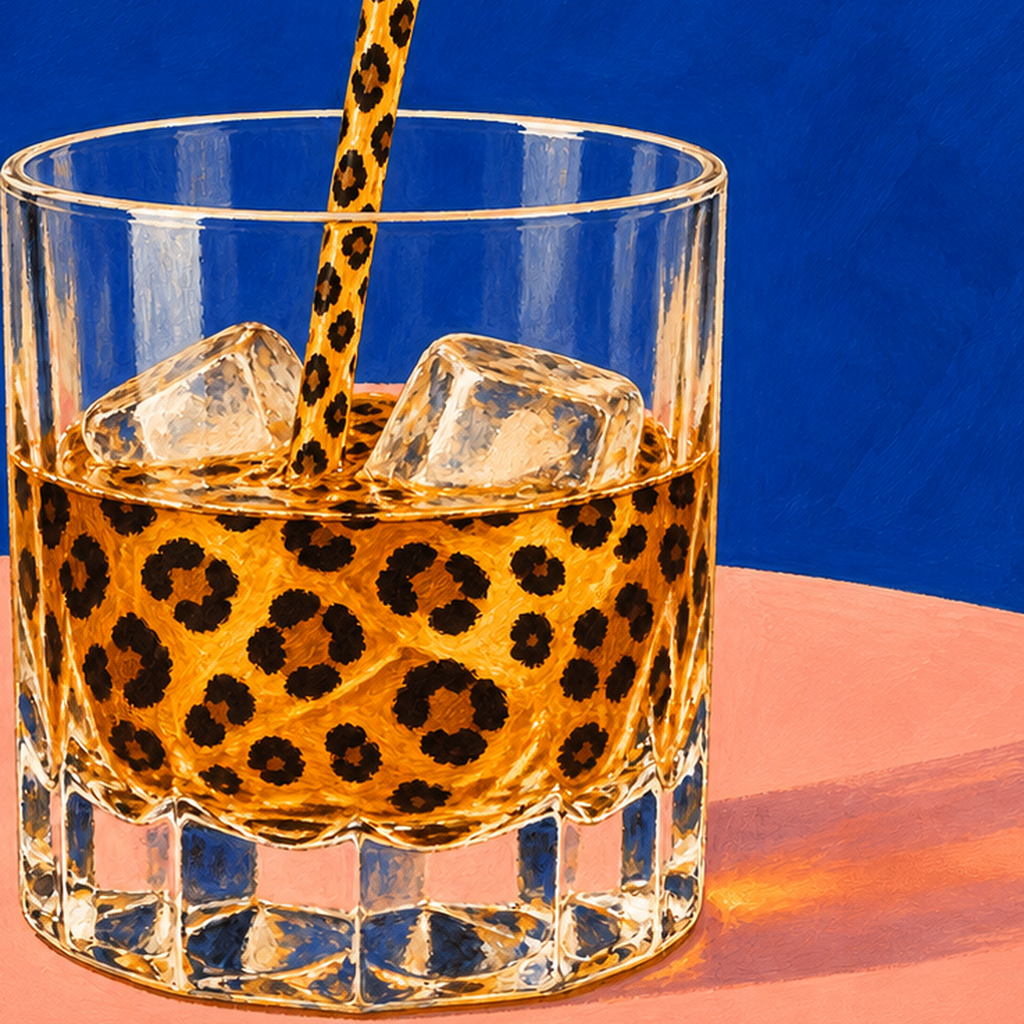 Leopar Desenli İçki Posteri – Modern Yağlı Boya Bar Sanatı — baskının yakın çekimi, kâğıt dokusu ve renk detayı