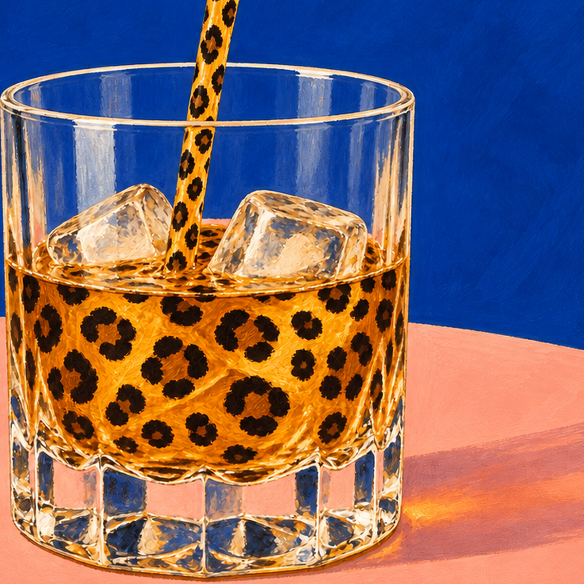 Leopar Desenli İçki Posteri – Modern Yağlı Boya Bar Sanatı — baskının yakın çekimi, kâğıt dokusu ve renk detayı