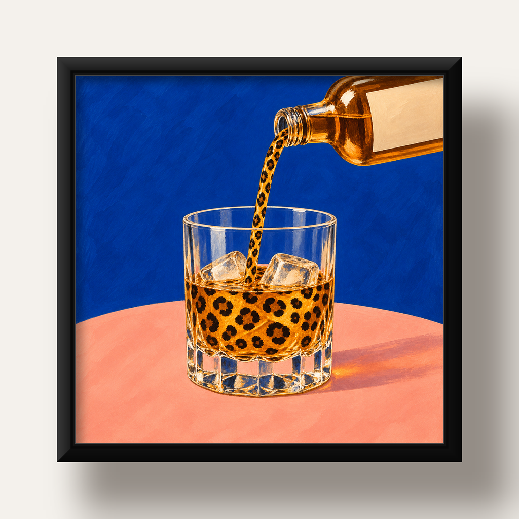 Leopar Desenli İçki Posteri – Modern Yağlı Boya Bar Sanatı — siyah derin çerçeveli