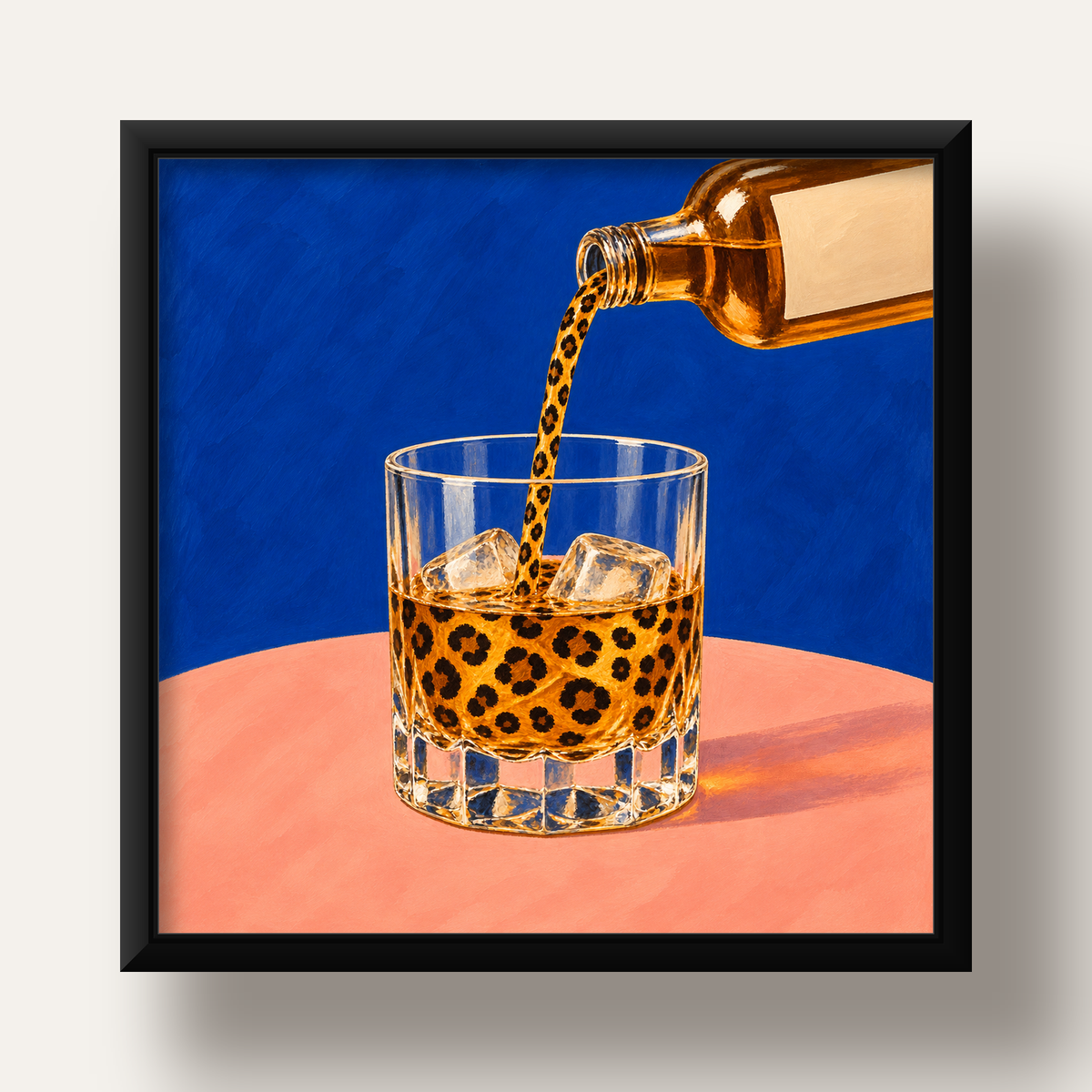 Leopar Desenli İçki Posteri – Modern Yağlı Boya Bar Sanatı — siyah derin çerçeveli