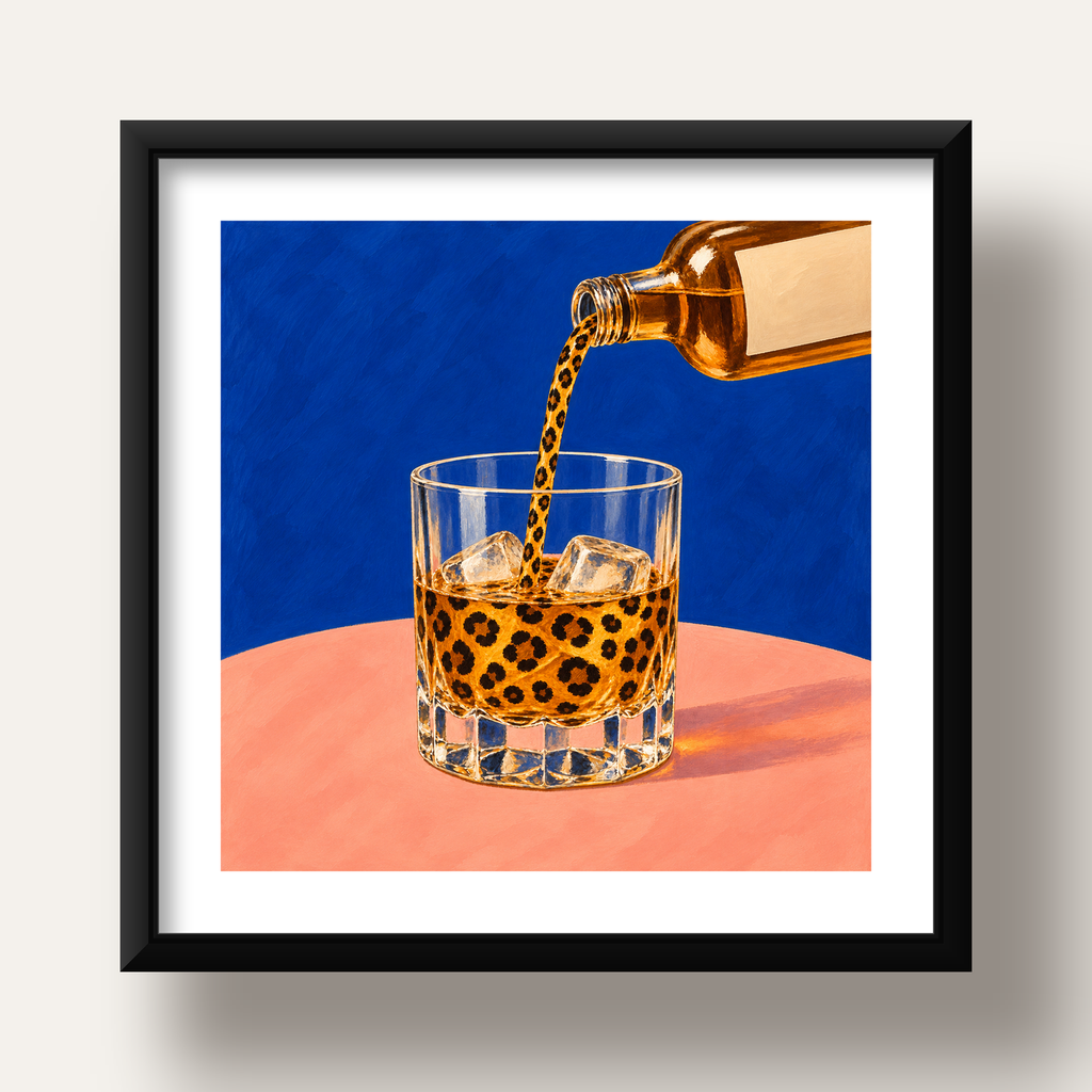 Leopar Desenli İçki Posteri – Modern Yağlı Boya Bar Sanatı — siyah derin çerçeveli paspartulu