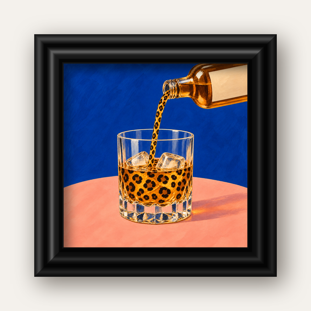 Leopar Desenli İçki Posteri – Modern Yağlı Boya Bar Sanatı — siyah galeri çerçeveli