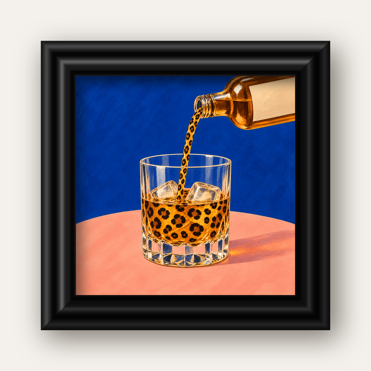 Leopar Desenli İçki Posteri – Modern Yağlı Boya Bar Sanatı — siyah galeri çerçeveli