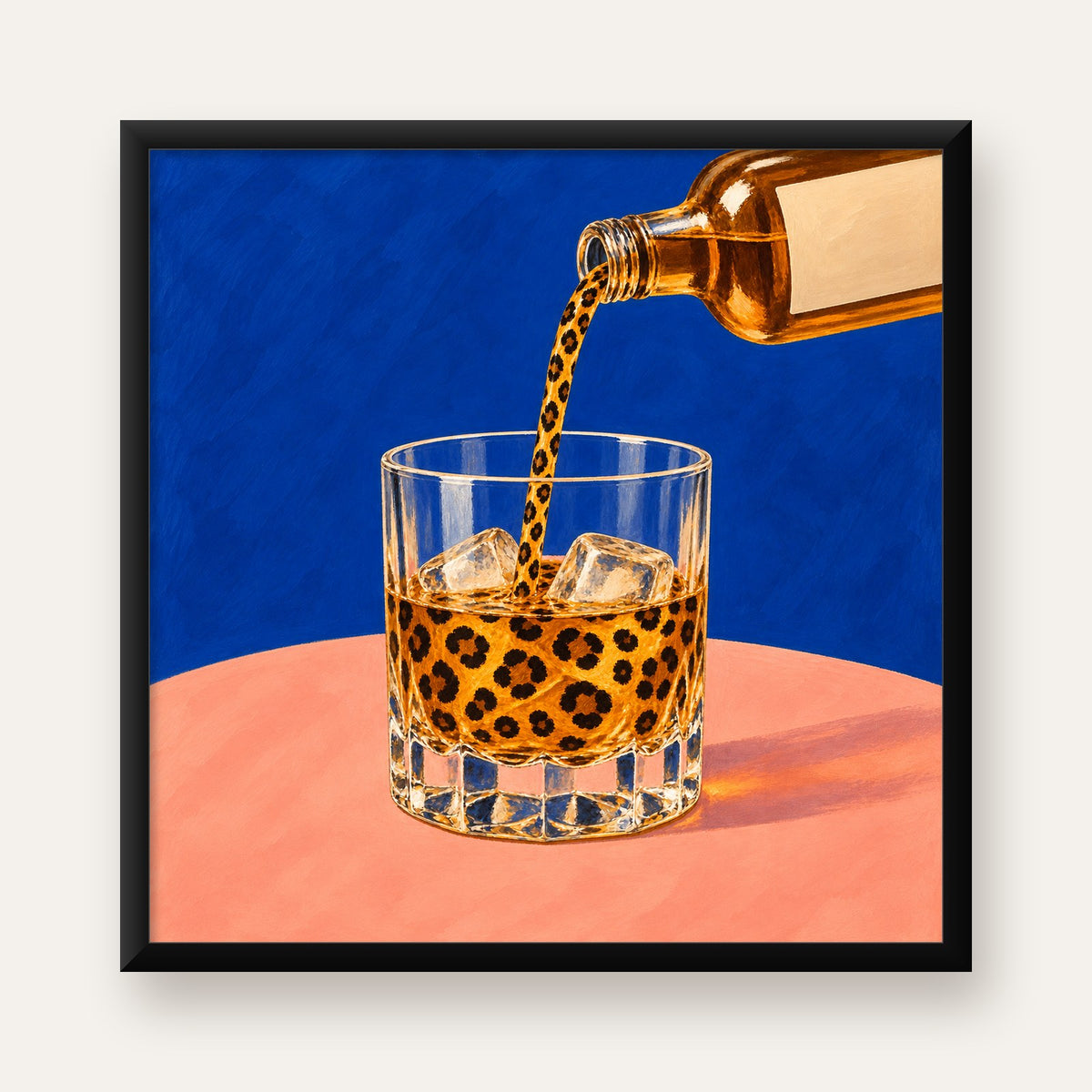 Leopar Desenli İçki Posteri – Modern Yağlı Boya Bar Sanatı — Kare baskı, düz siyah çerçeveli duvar posteri
