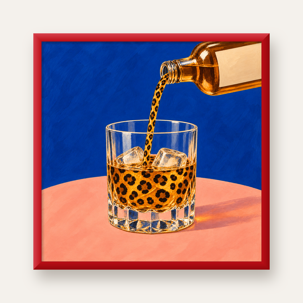Leopar Desenli İçki Posteri – Modern Yağlı Boya Bar Sanatı — kırmızı çerçeveli