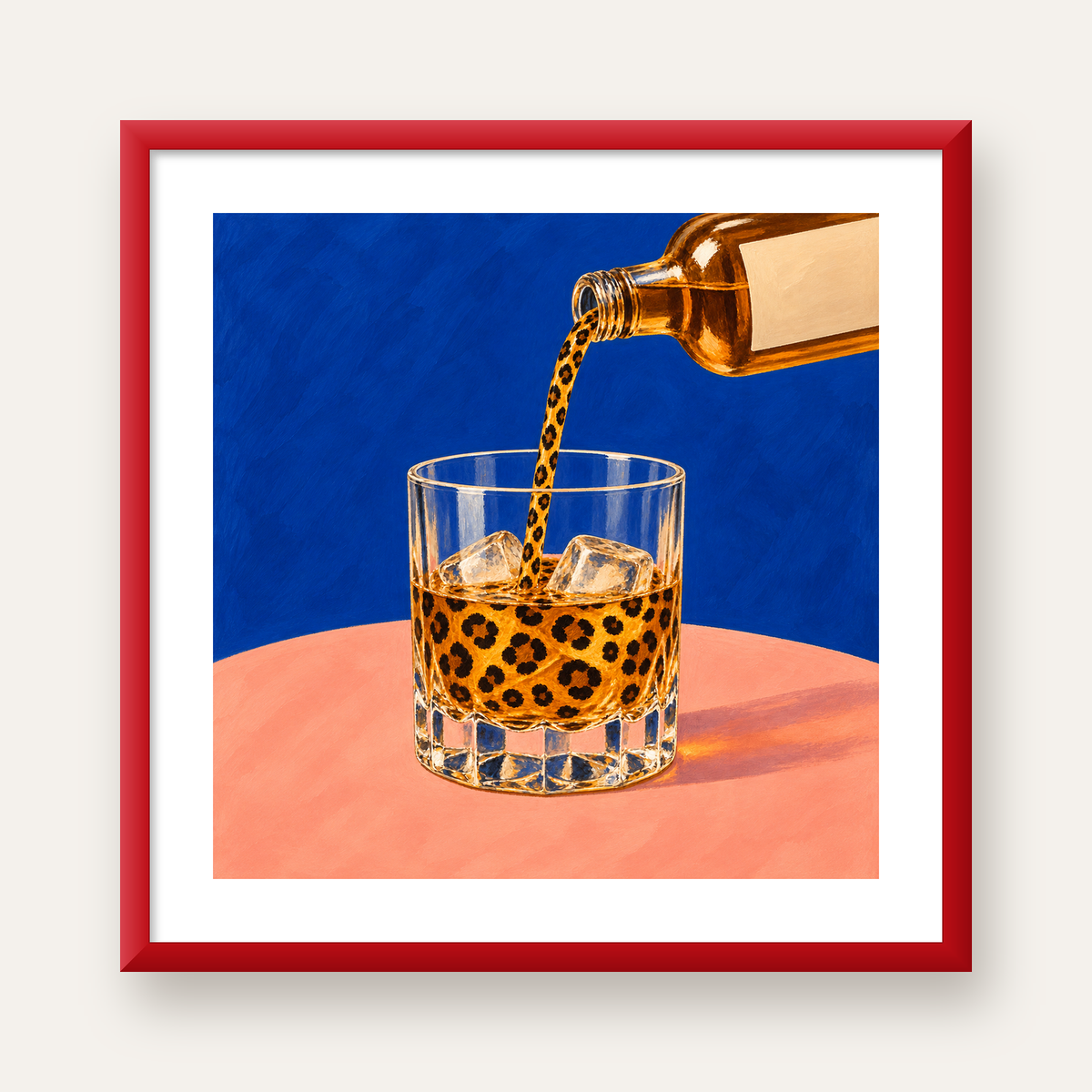 Leopar Desenli İçki Posteri – Modern Yağlı Boya Bar Sanatı — kırmızı çerçeveli paspartulu