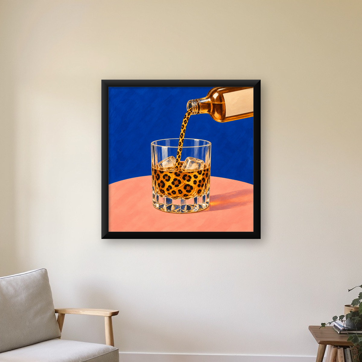 Leopar Desenli İçki Posteri – Modern Yağlı Boya Bar Sanatı — Kare baskı, çerçeveli hâliyle bir ev duvarında