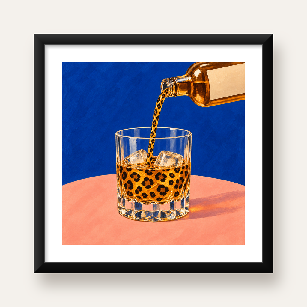 Leopar Desenli İçki Posteri – Modern Yağlı Boya Bar Sanatı — Kare baskı, beyaz paspartulu