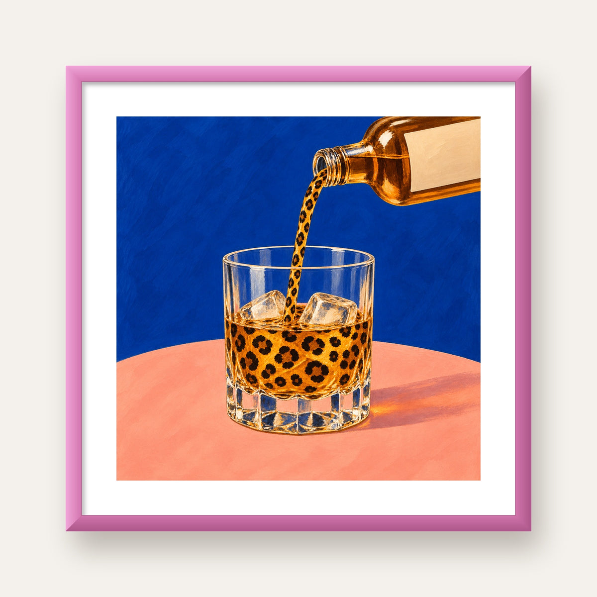 Leopar Desenli İçki Posteri – Modern Yağlı Boya Bar Sanatı — pembe çerçeveli paspartulu