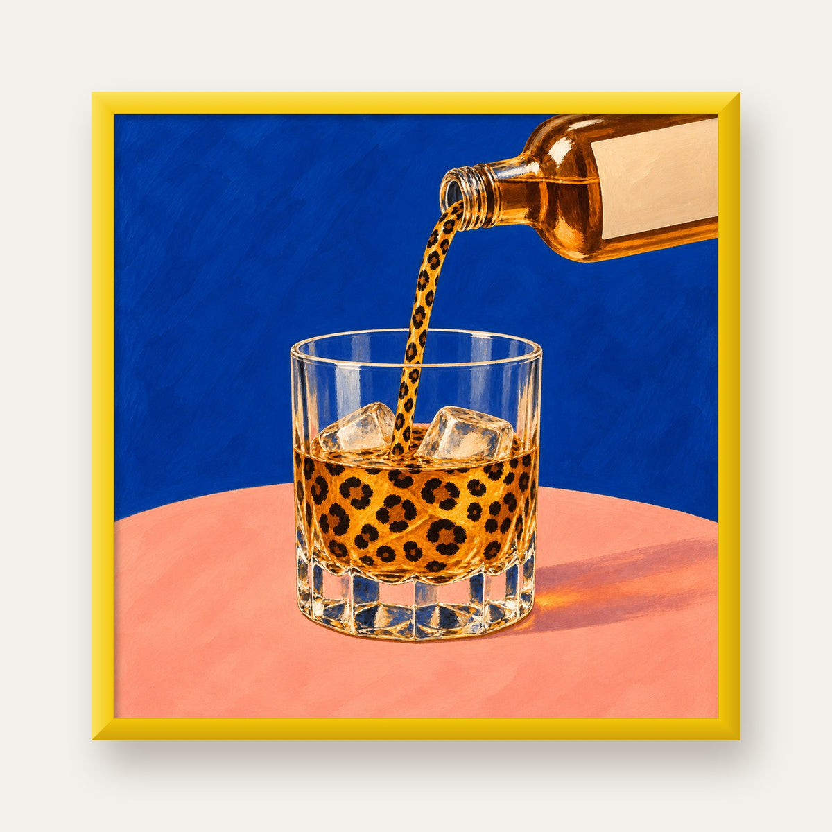 Leopar Desenli İçki Posteri – Modern Yağlı Boya Bar Sanatı — sarı çerçeveli