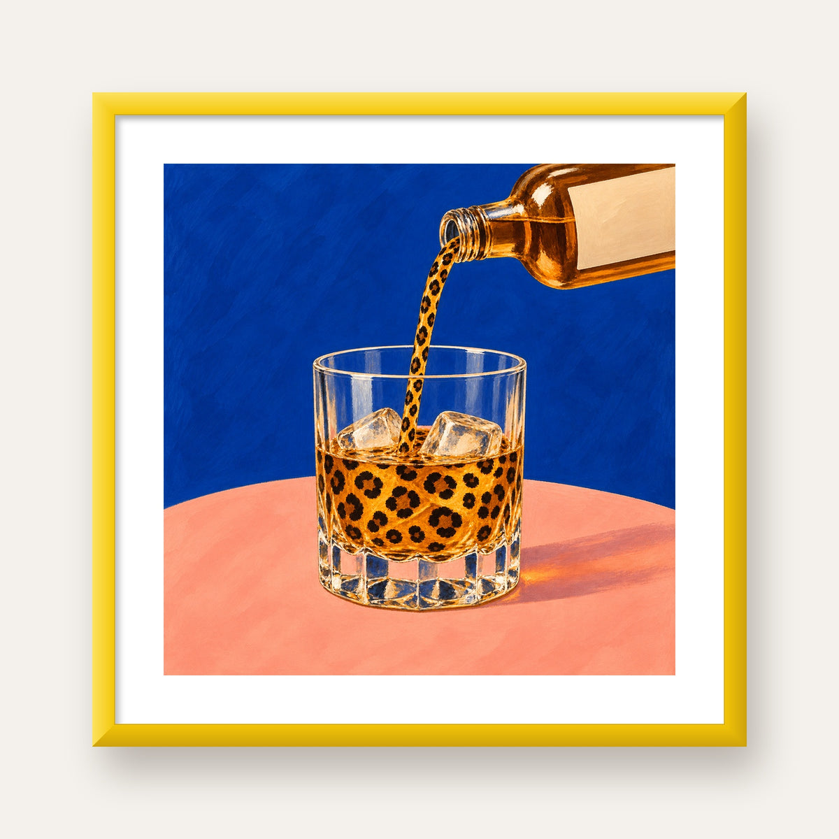 Leopar Desenli İçki Posteri – Modern Yağlı Boya Bar Sanatı — sarı çerçeveli paspartulu