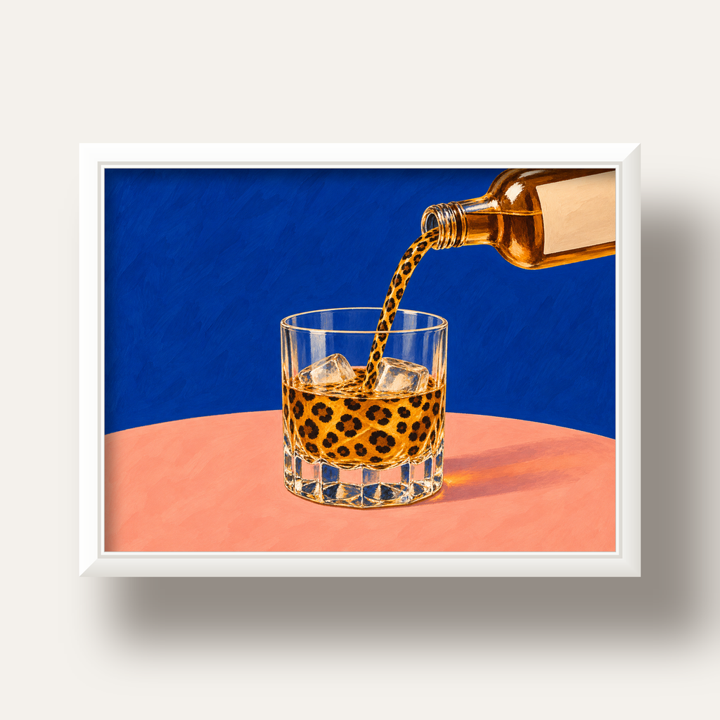Leopar Desenli İçki Posteri – Modern Yağlı Boya Bar Sanatı — beyaz derin çerçeveli