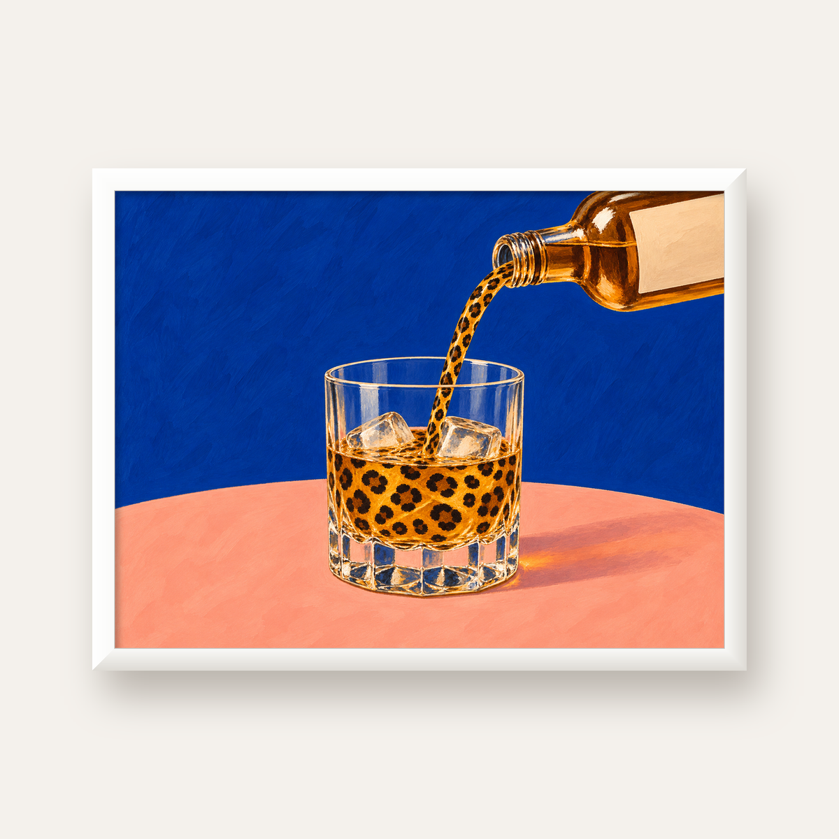 Leopar Desenli İçki Posteri – Modern Yağlı Boya Bar Sanatı — beyaz çerçeveli yatay poster