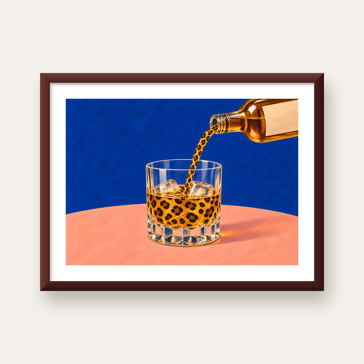 Leopar Desenli İçki Posteri – Modern Yağlı Boya Bar Sanatı — ceviz çerçeveli paspartulu