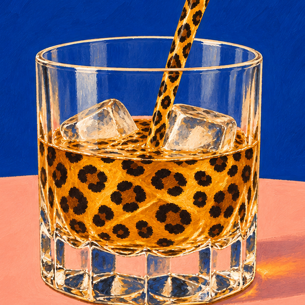 Leopar Desenli İçki Posteri – Modern Yağlı Boya Bar Sanatı — baskının yakın çekimi, kâğıt dokusu ve renk detayı