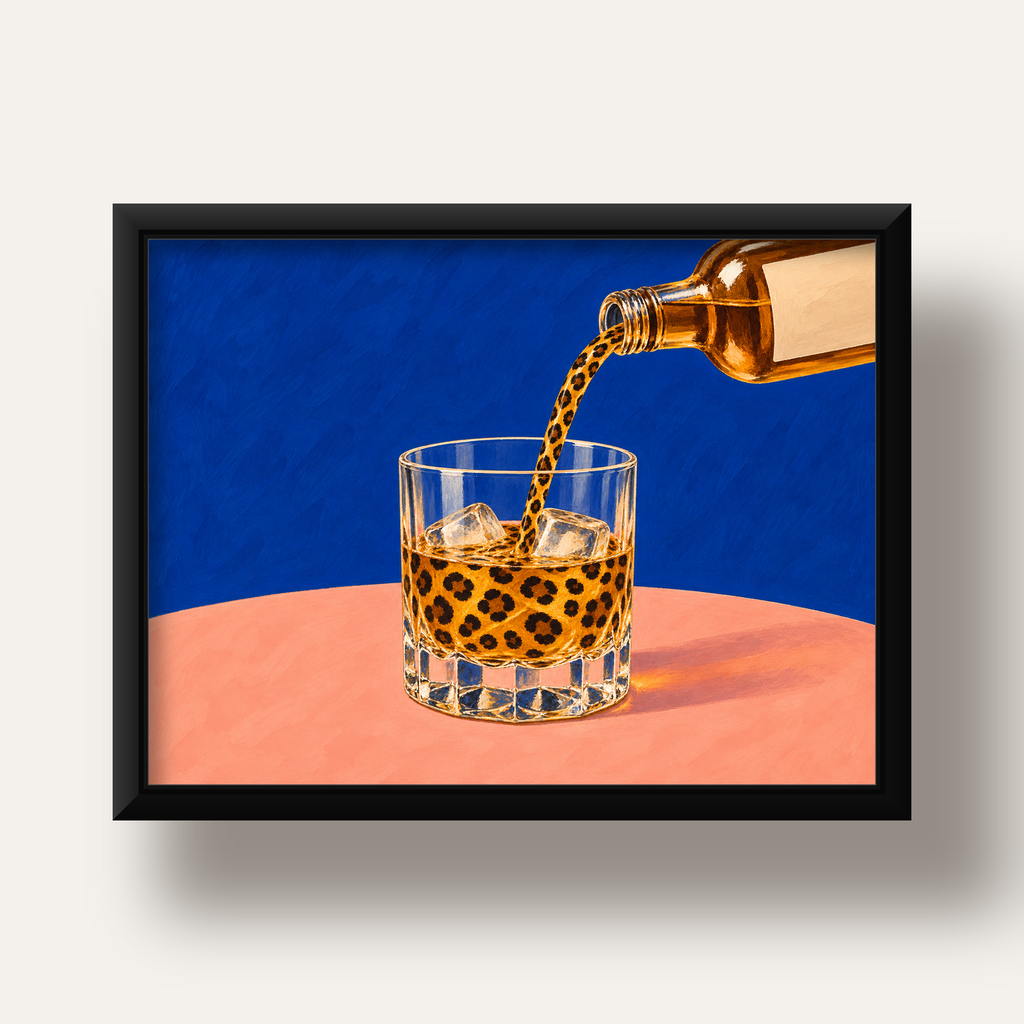 Leopar Desenli İçki Posteri – Modern Yağlı Boya Bar Sanatı — siyah derin çerçeveli
