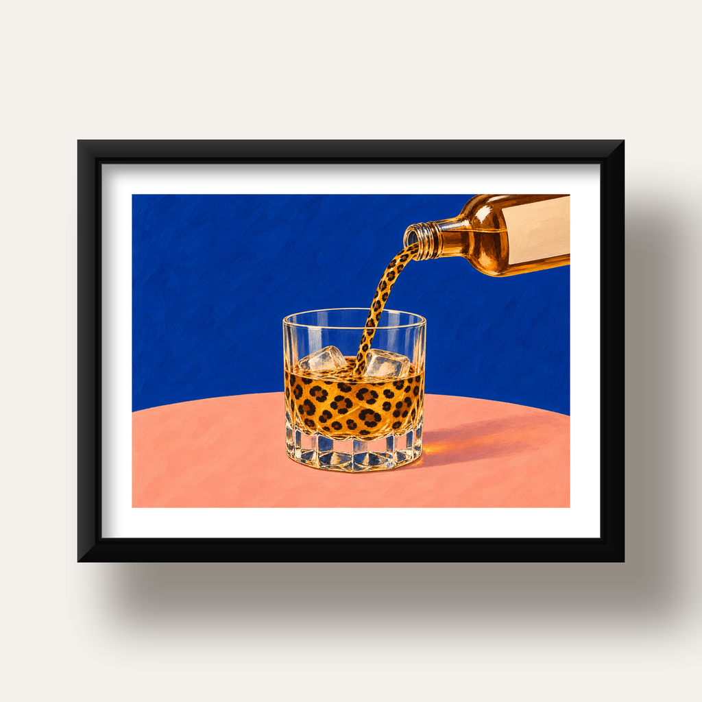 Leopar Desenli İçki Posteri – Modern Yağlı Boya Bar Sanatı — siyah derin çerçeveli paspartulu