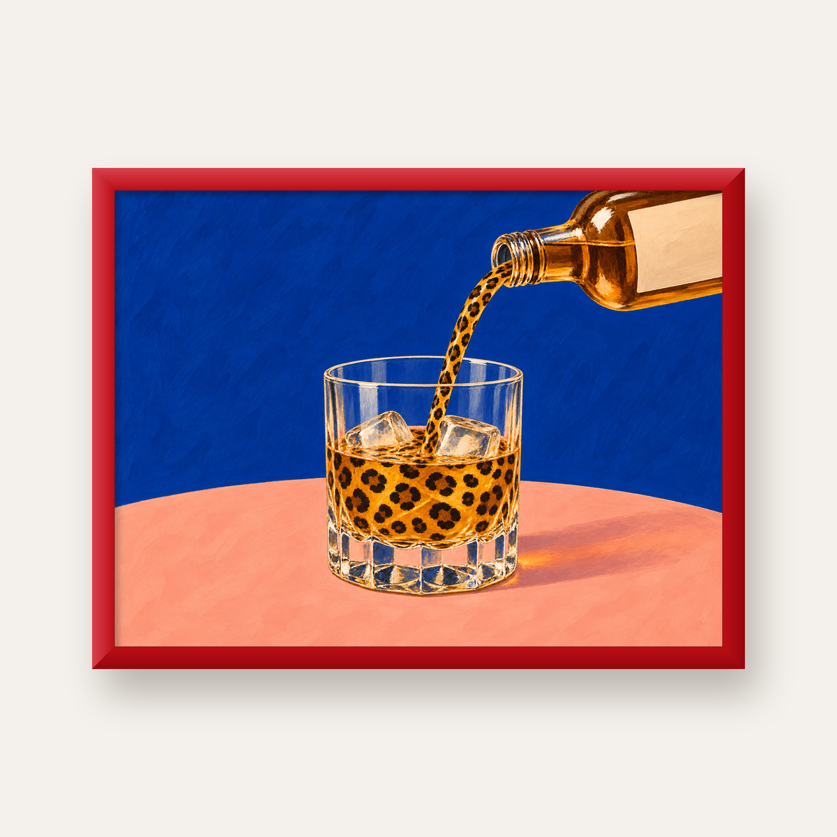 Leopar Desenli İçki Posteri – Modern Yağlı Boya Bar Sanatı — kırmızı çerçeveli