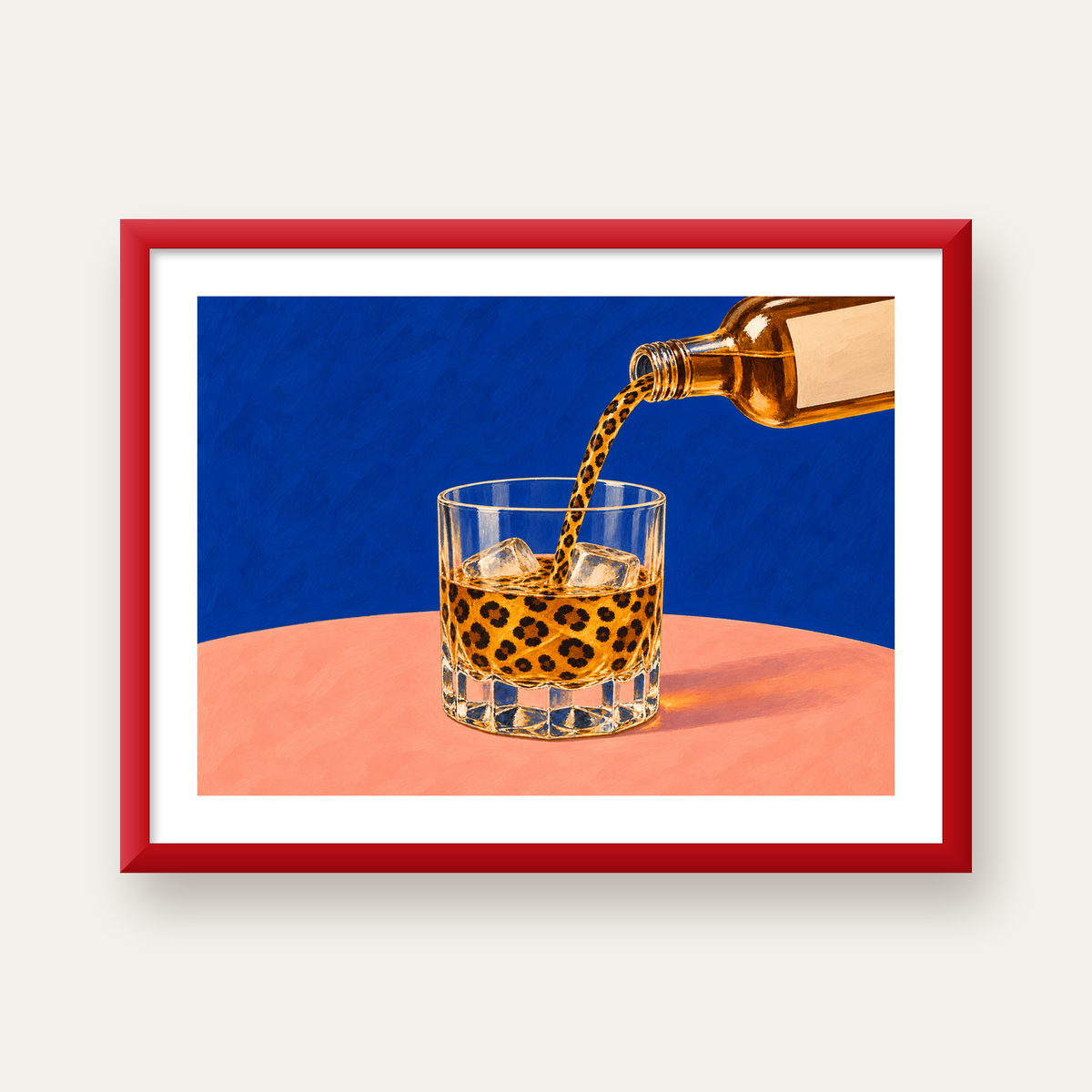 Leopar Desenli İçki Posteri – Modern Yağlı Boya Bar Sanatı — kırmızı çerçeveli paspartulu