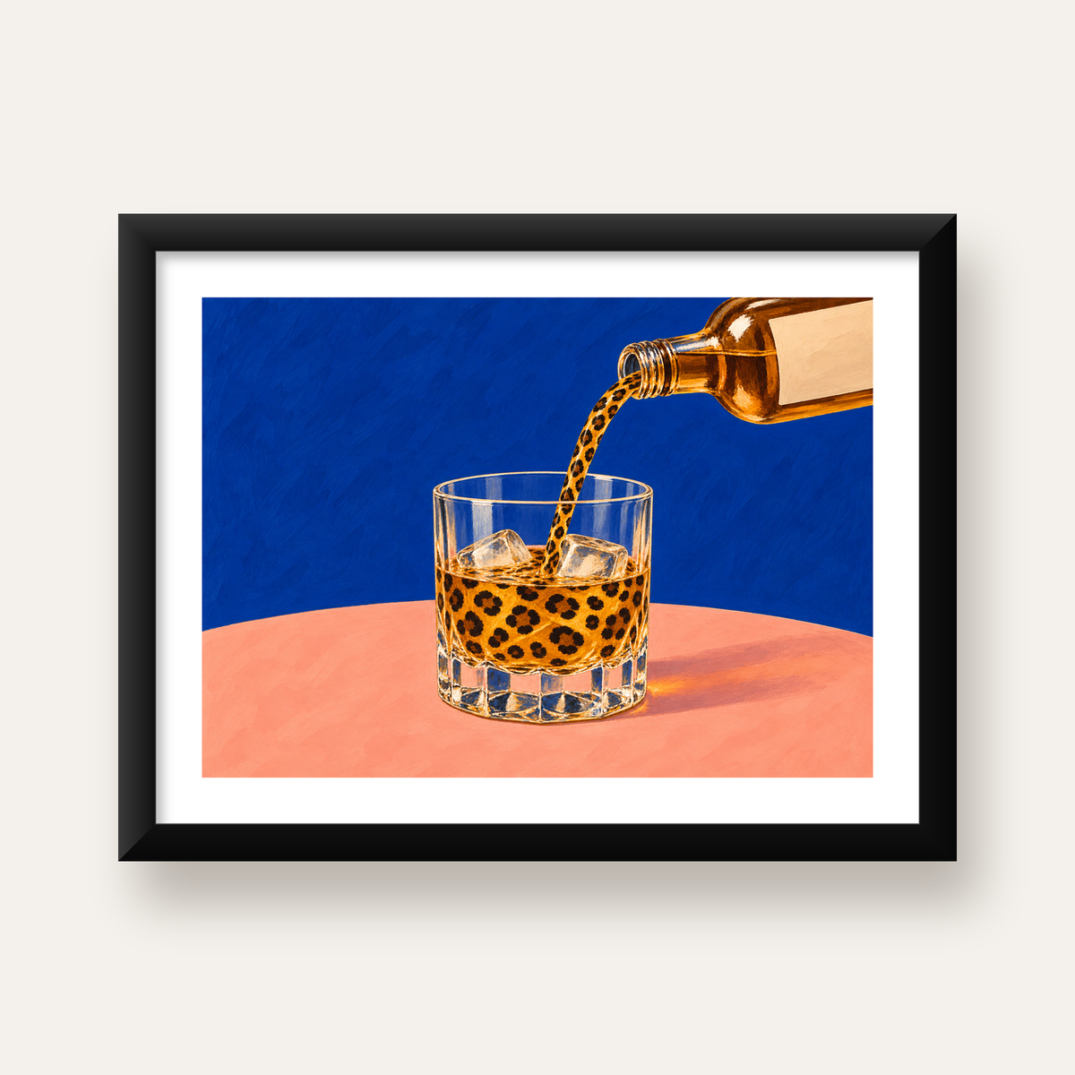 Leopar Desenli İçki Posteri – Modern Yağlı Boya Bar Sanatı — Yatay baskı, beyaz paspartulu