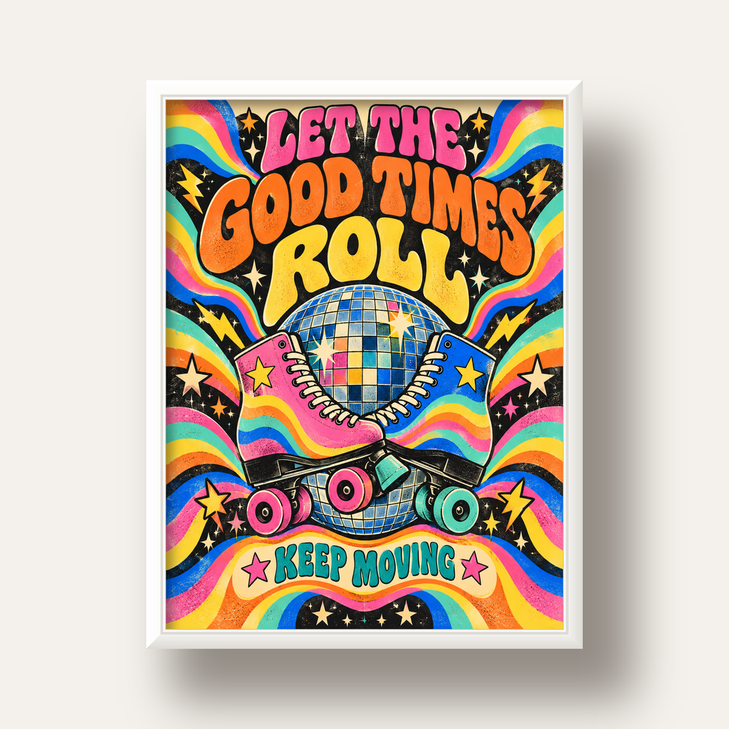 Retro Paten & Disko Topu Poster – Renkli 70’ler Duvar Dekoru — beyaz derin çerçeveli