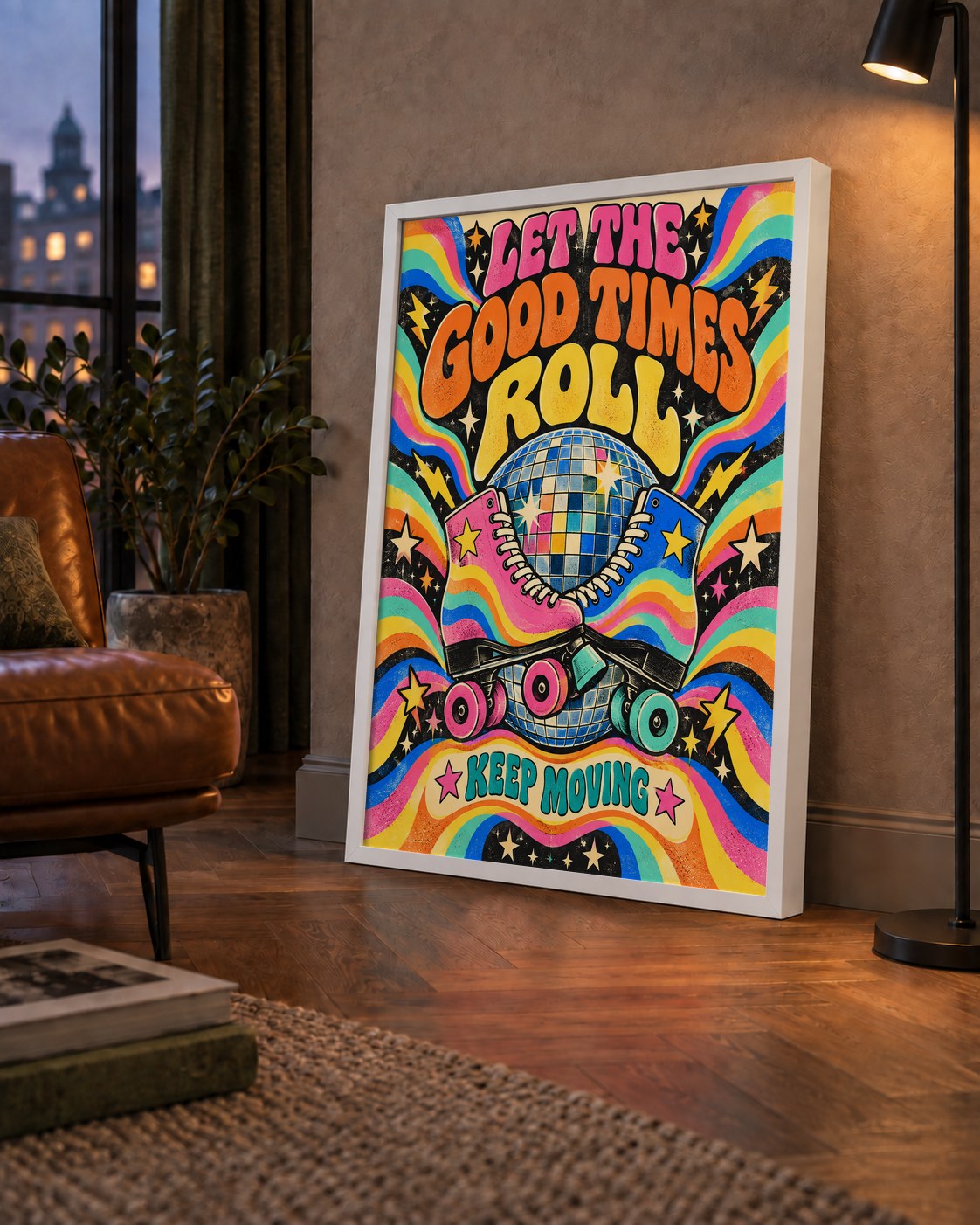Retro Paten & Disko Topu Poster – Renkli 70’ler Duvar Dekoru — çerçeveli hâliyle bir ev duvarında