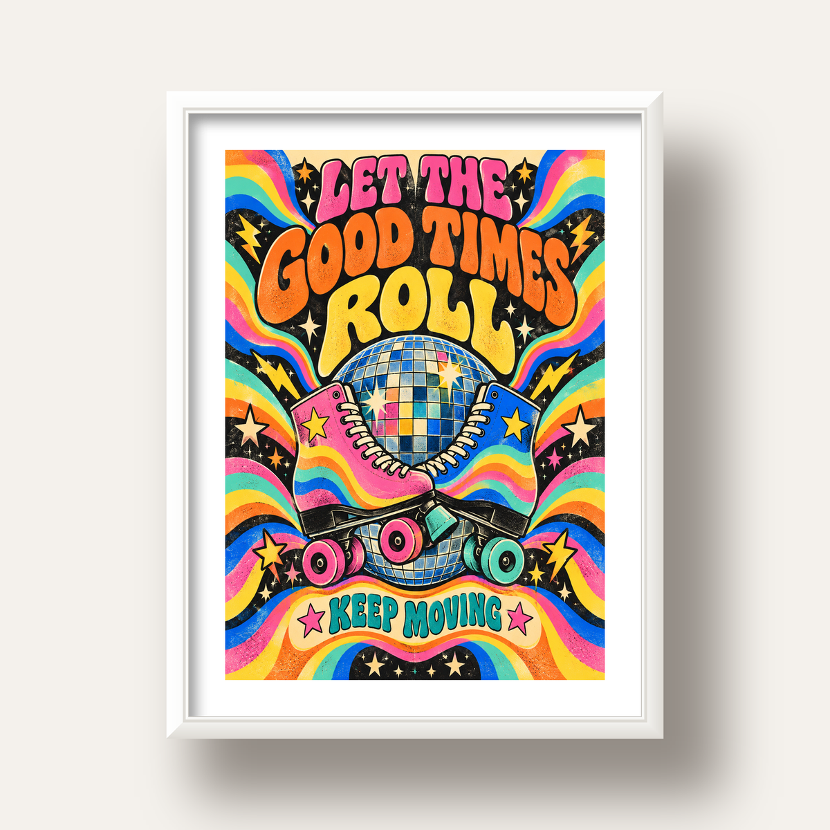 Retro Paten & Disko Topu Poster – Renkli 70’ler Duvar Dekoru — beyaz derin çerçeveli paspartulu