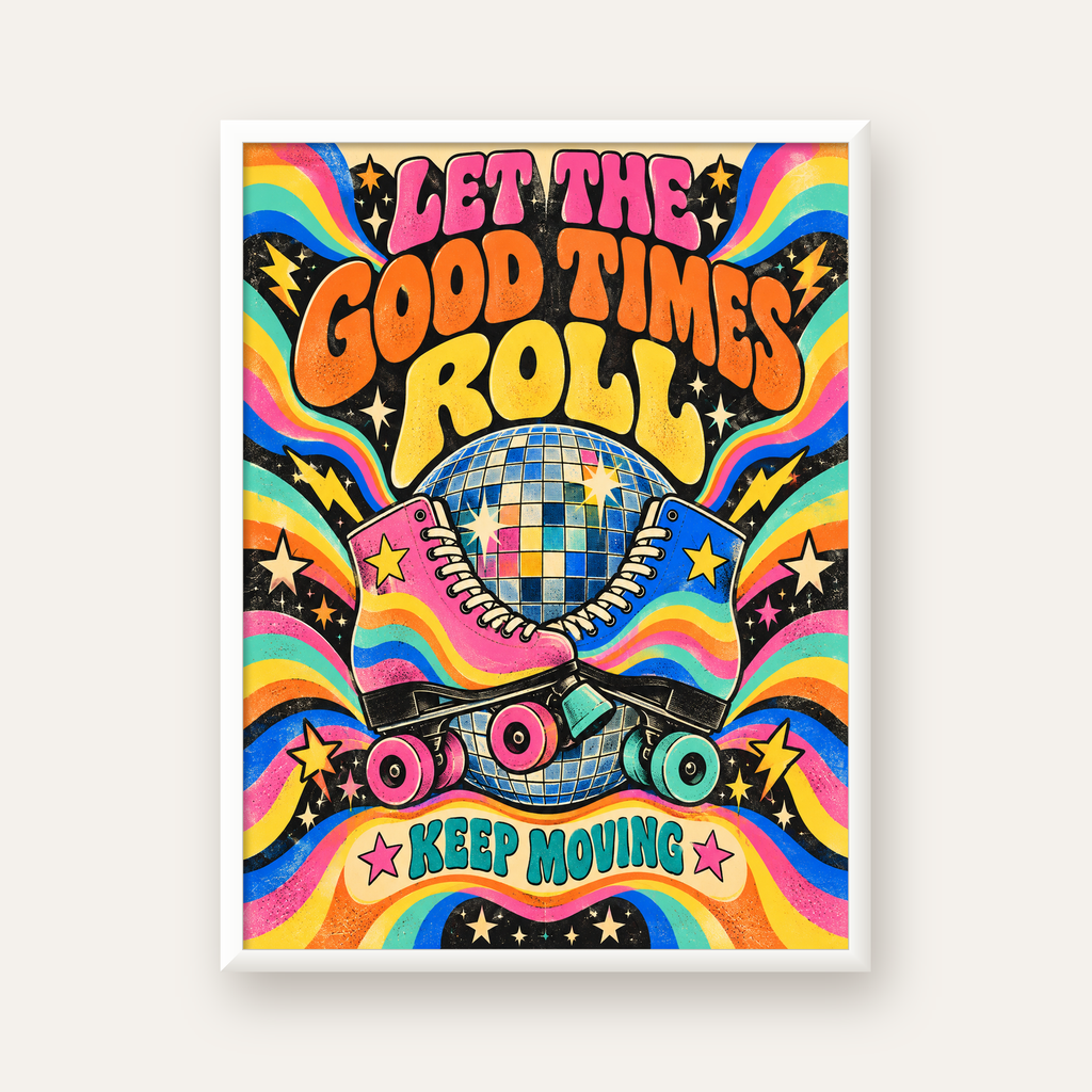 Retro Paten & Disko Topu Poster – Renkli 70’ler Duvar Dekoru — beyaz çerçeveli dikey poster