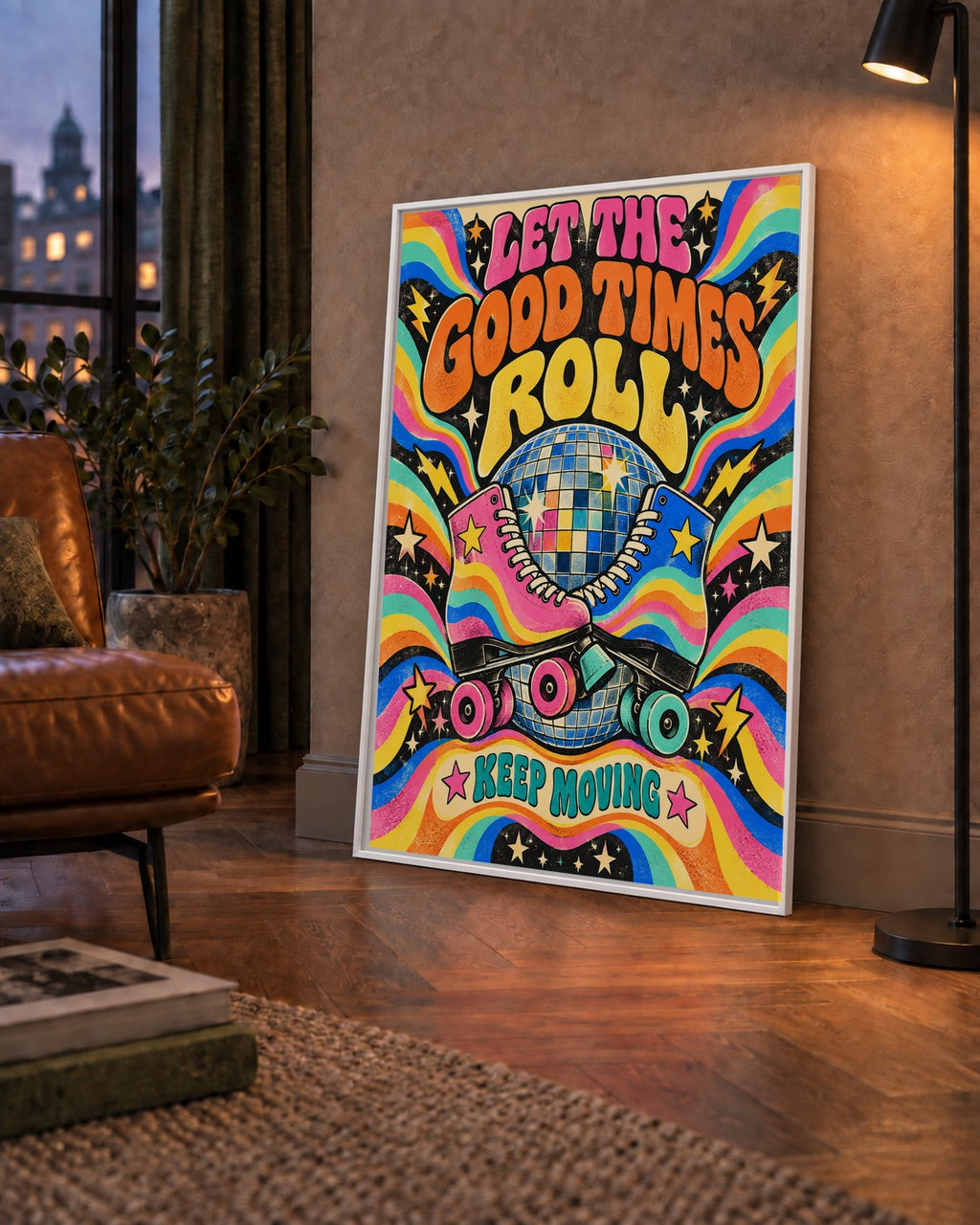 Retro Paten & Disko Topu Poster – Renkli 70’ler Duvar Dekoru — çerçeveli hâliyle bir ev duvarında