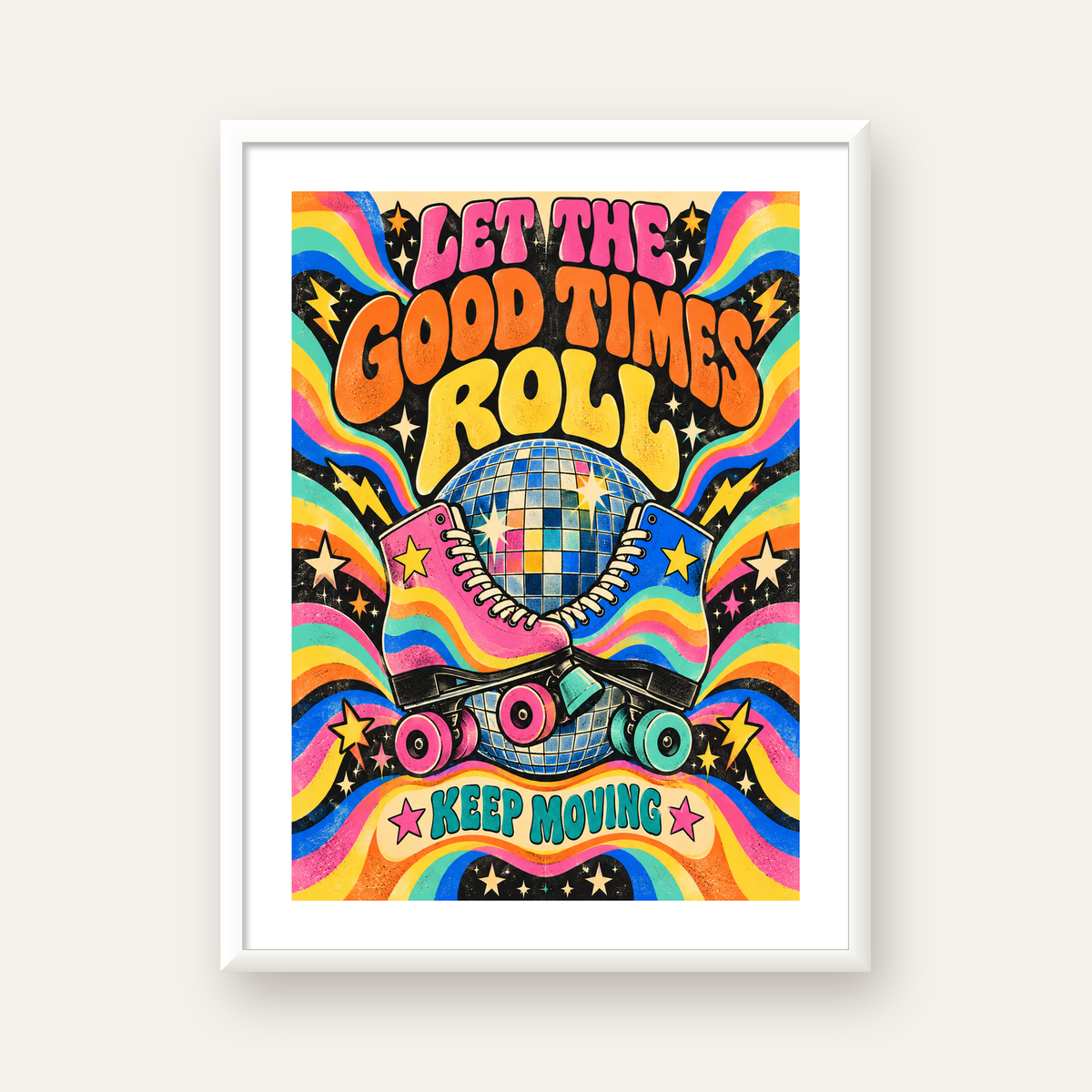 Retro Paten & Disko Topu Poster – Renkli 70’ler Duvar Dekoru — beyaz çerçeveli dikey poster