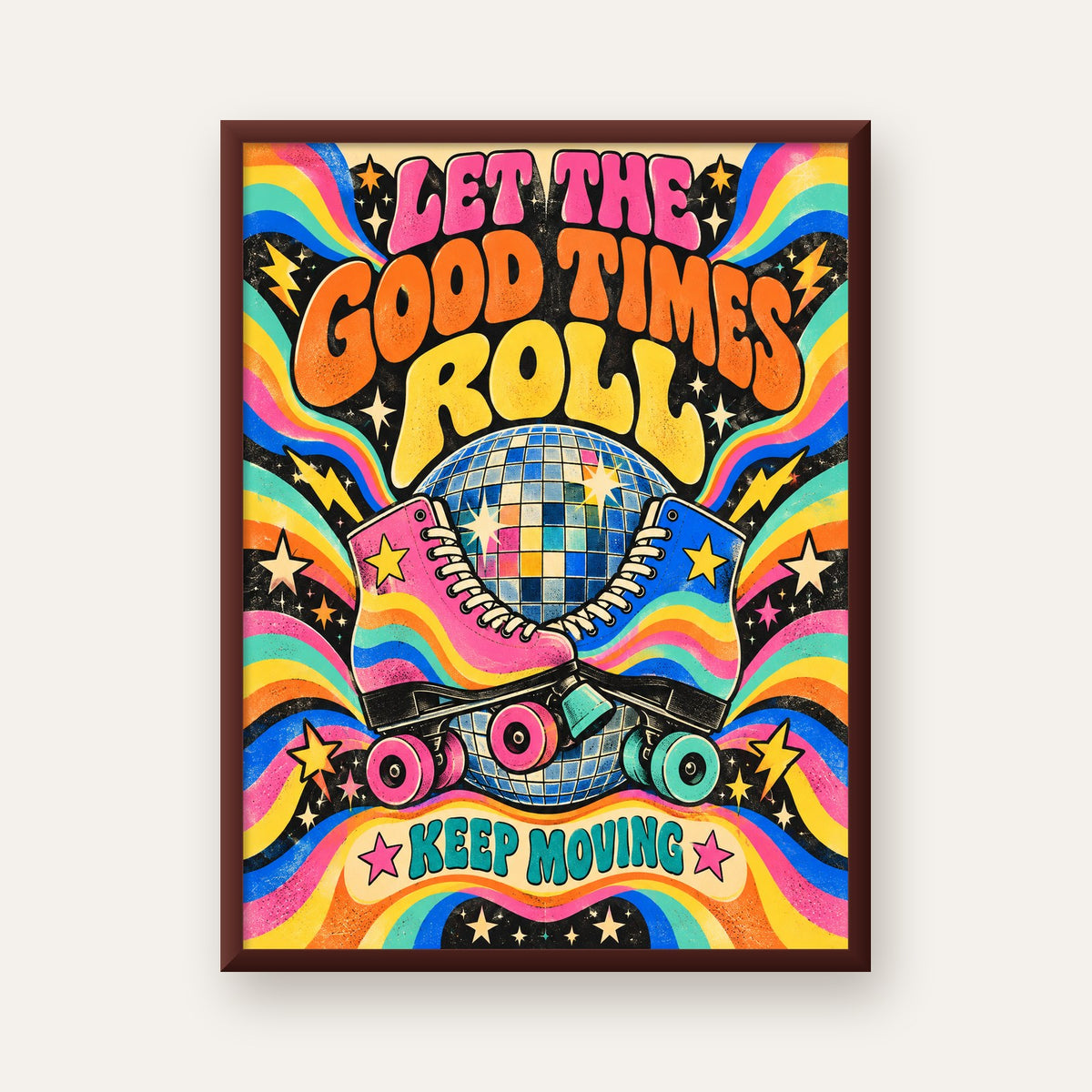 Retro Paten & Disko Topu Poster – Renkli 70’ler Duvar Dekoru — ceviz çerçeveli