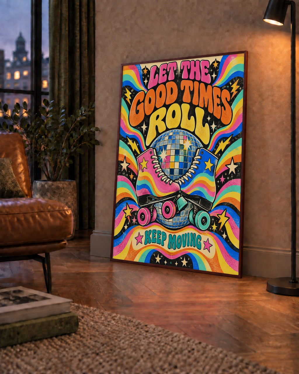 Retro Paten & Disko Topu Poster – Renkli 70’ler Duvar Dekoru — çerçeveli hâliyle bir ev duvarında