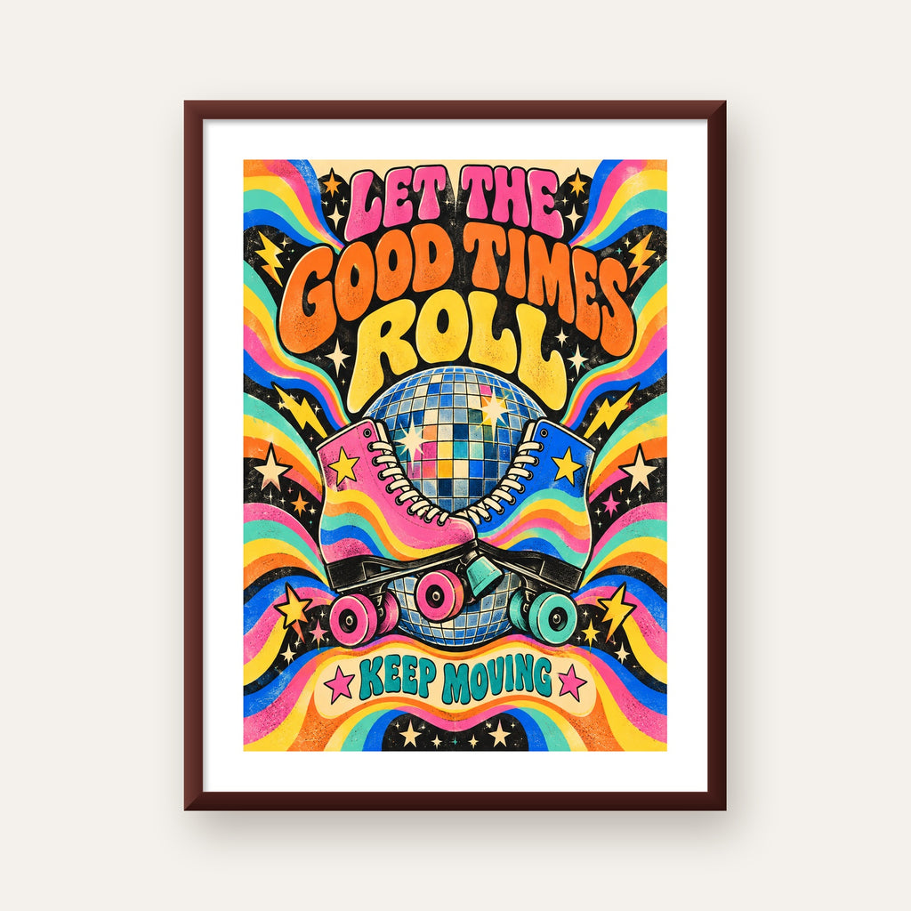 Retro Paten & Disko Topu Poster – Renkli 70’ler Duvar Dekoru — ceviz çerçeveli paspartulu