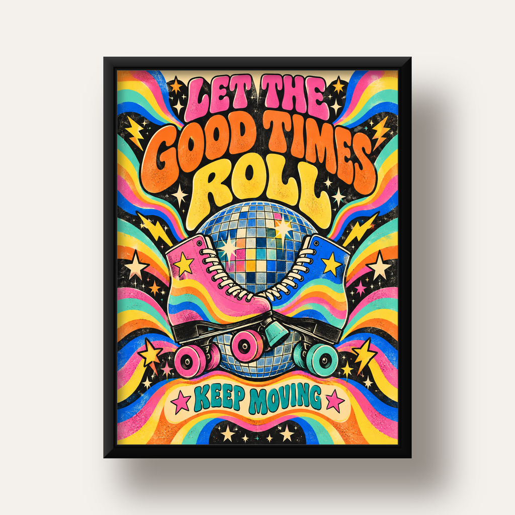 Retro Paten & Disko Topu Poster – Renkli 70’ler Duvar Dekoru — siyah derin çerçeveli