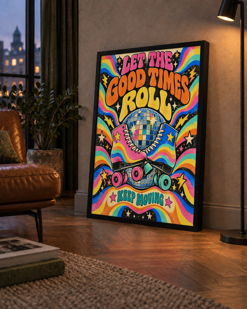 Retro Paten & Disko Topu Poster – Renkli 70’ler Duvar Dekoru — çerçeveli hâliyle bir ev duvarında
