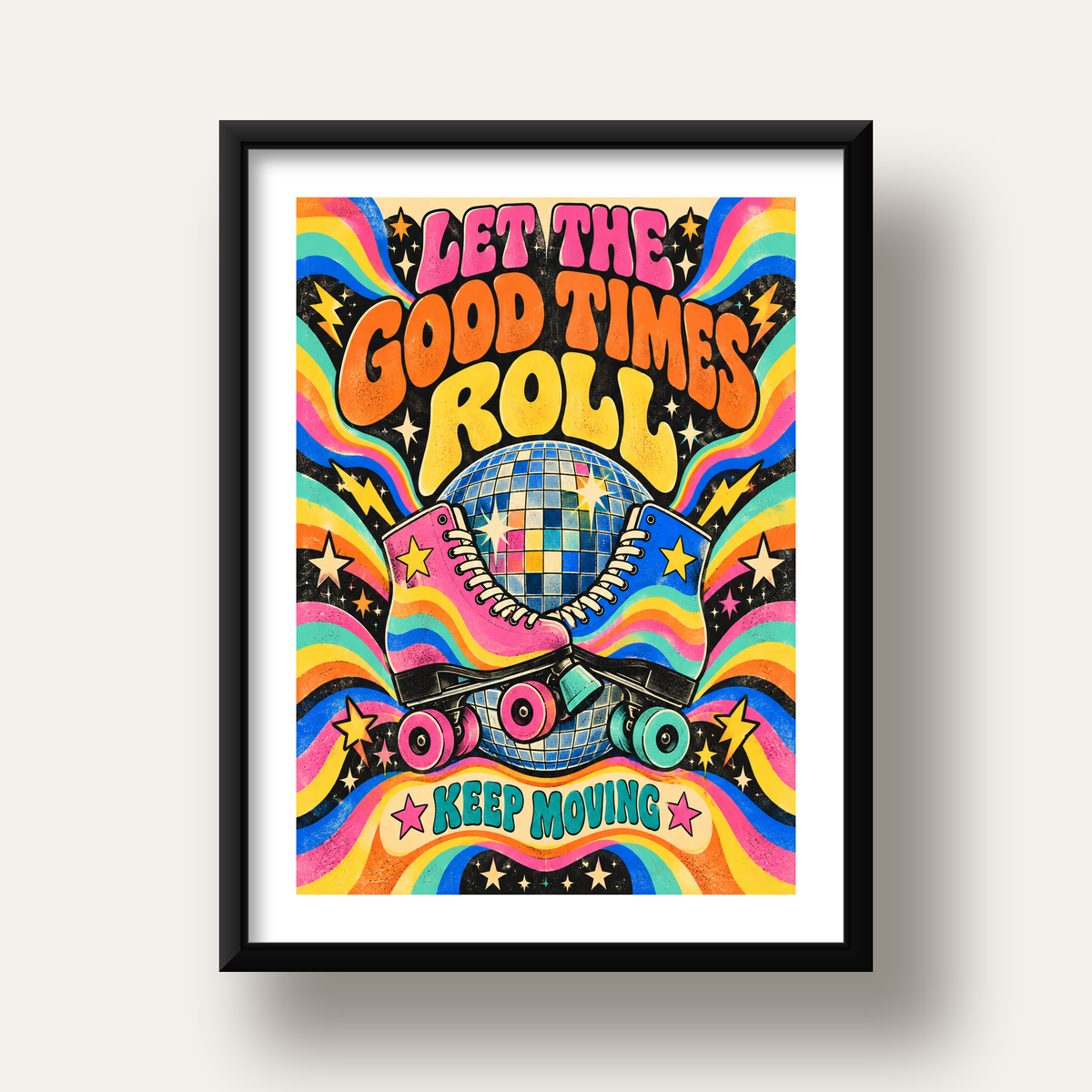 Retro Paten & Disko Topu Poster – Renkli 70’ler Duvar Dekoru — siyah derin çerçeveli paspartulu
