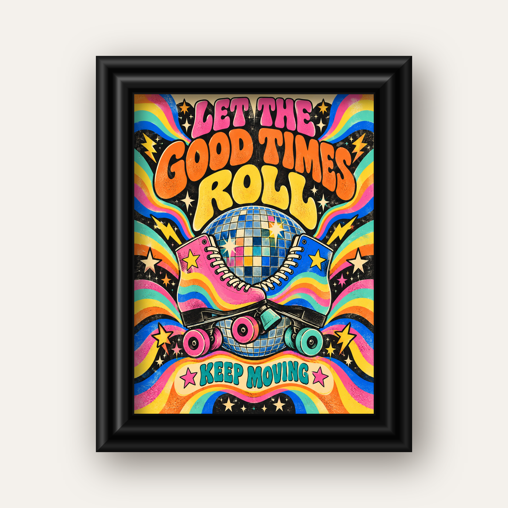 Retro Paten & Disko Topu Poster – Renkli 70’ler Duvar Dekoru — siyah galeri çerçeveli