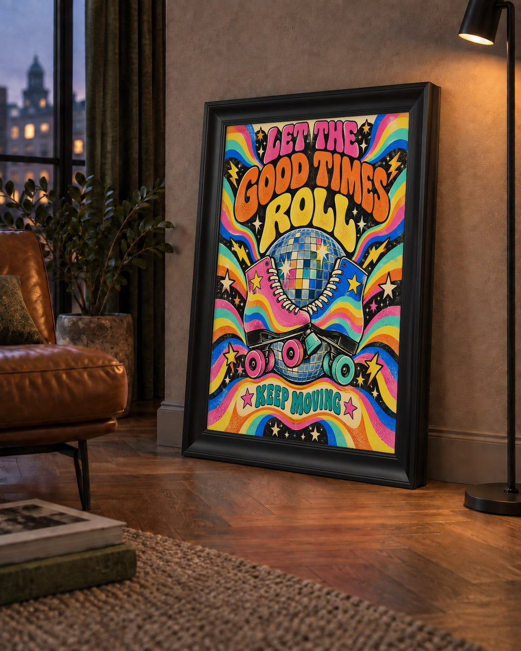 Retro Paten & Disko Topu Poster – Renkli 70’ler Duvar Dekoru — çerçeveli hâliyle bir ev duvarında