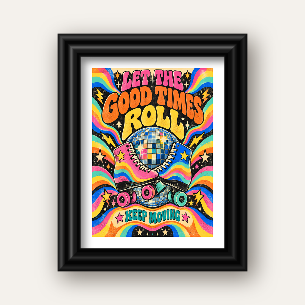 Retro Paten & Disko Topu Poster – Renkli 70’ler Duvar Dekoru — siyah galeri çerçeveli paspartulu