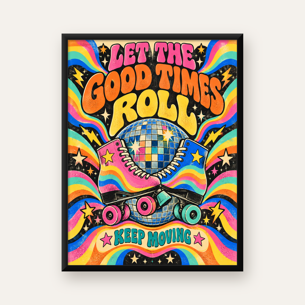Retro Paten & Disko Topu Poster – Renkli 70’ler Duvar Dekoru — Dikey baskı, düz siyah çerçeveli duvar posteri