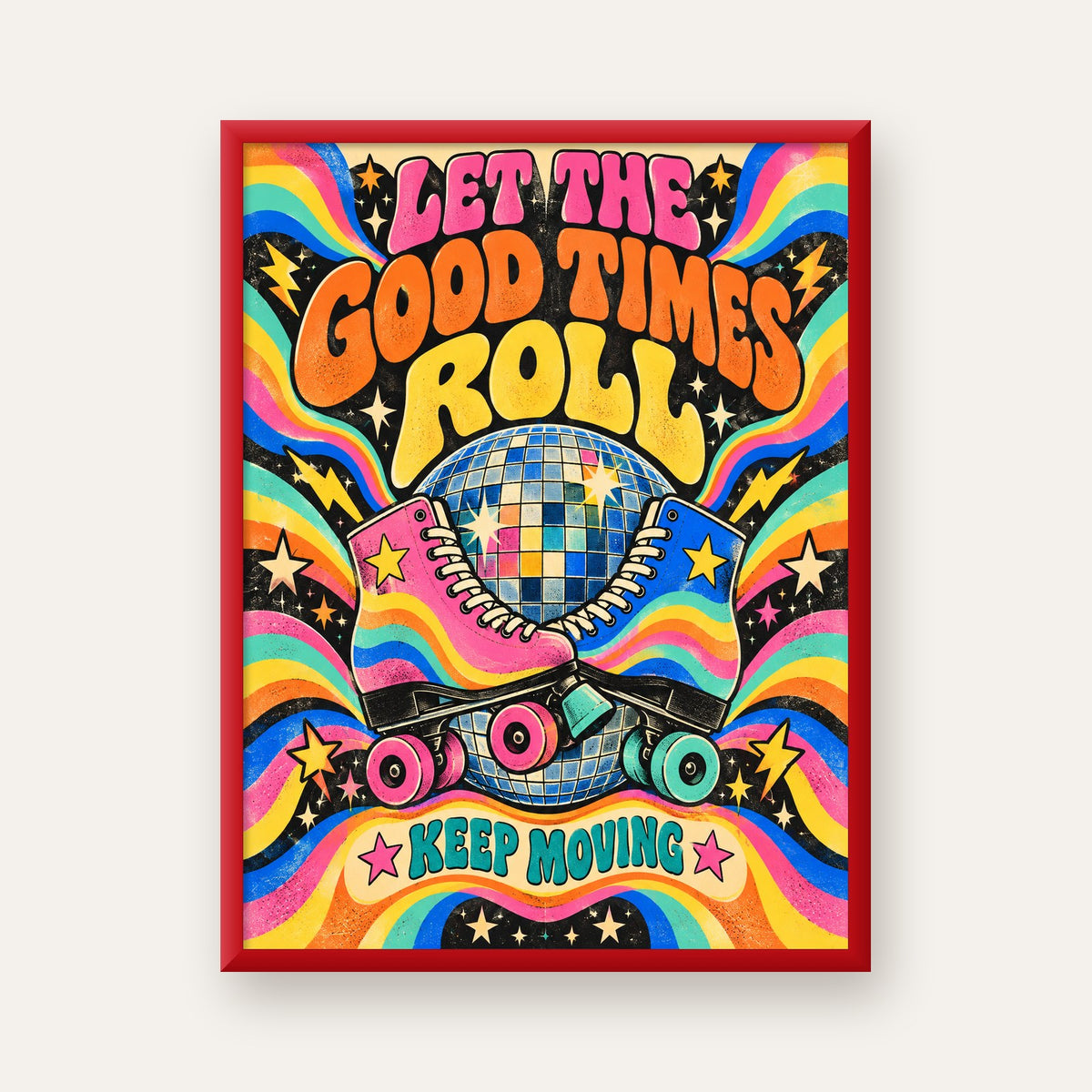 Retro Paten & Disko Topu Poster – Renkli 70’ler Duvar Dekoru — kırmızı çerçeveli