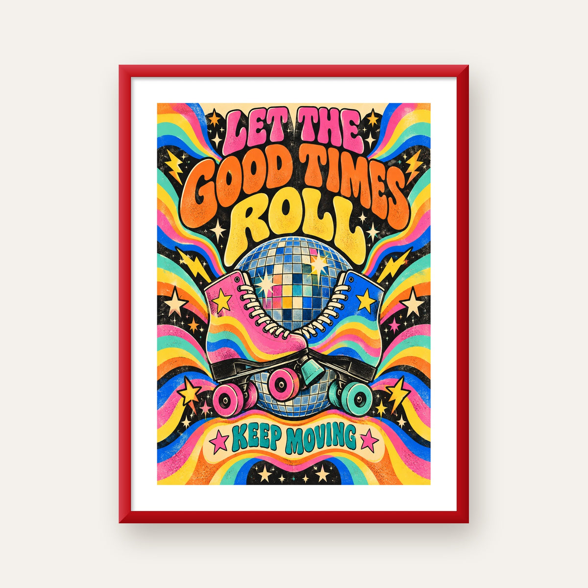 Retro Paten & Disko Topu Poster – Renkli 70’ler Duvar Dekoru — kırmızı çerçeveli paspartulu