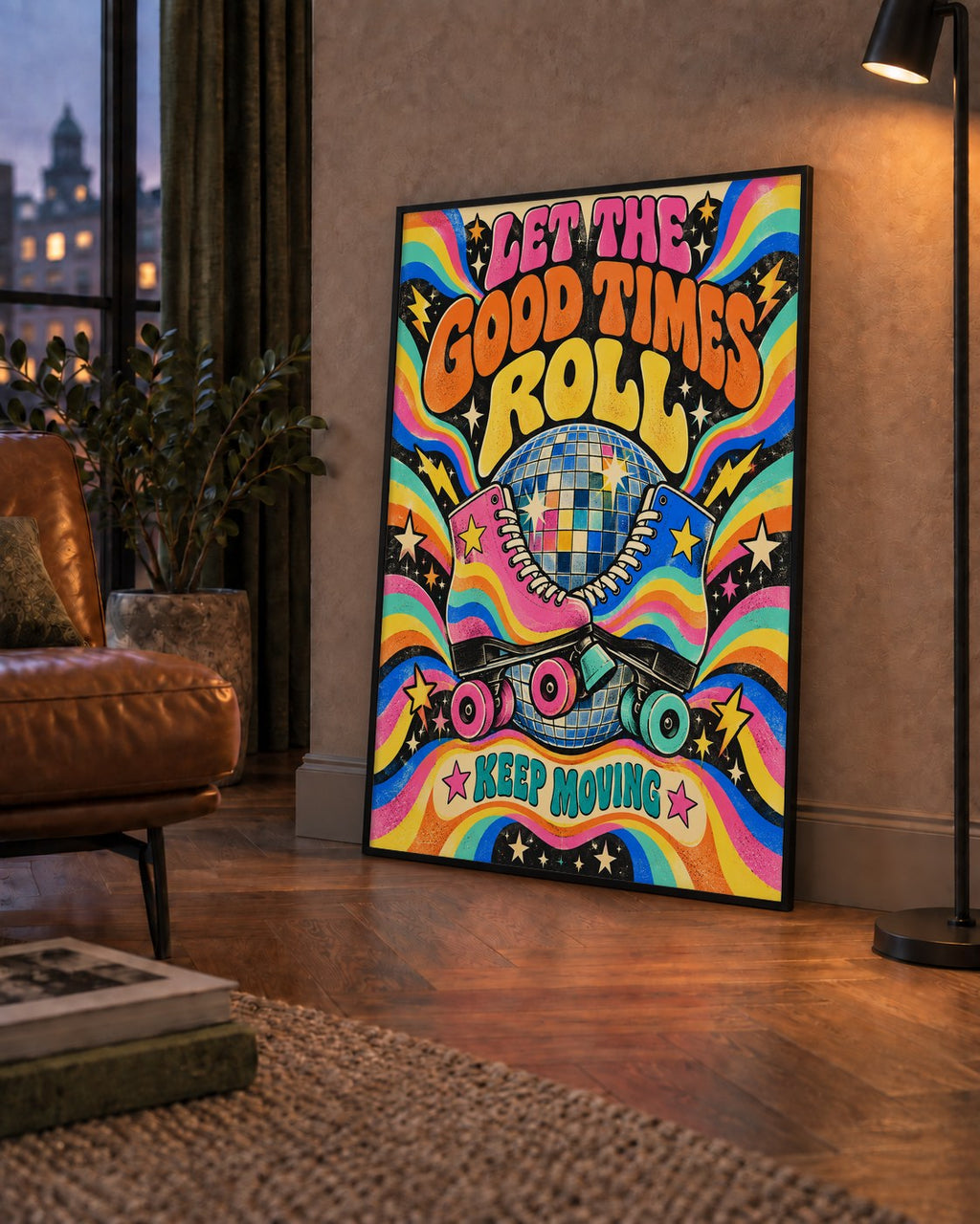 Retro Paten & Disko Topu Poster – Renkli 70’ler Duvar Dekoru — çerçeveli hâliyle bir ev duvarında