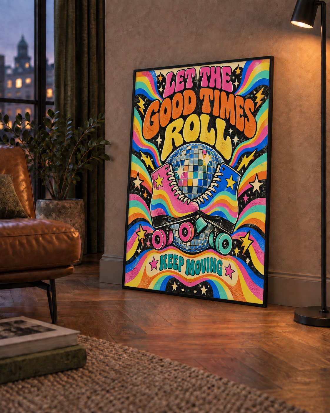 Retro Paten & Disko Topu Poster – Renkli 70’ler Duvar Dekoru — çerçeveli hâliyle bir ev duvarında