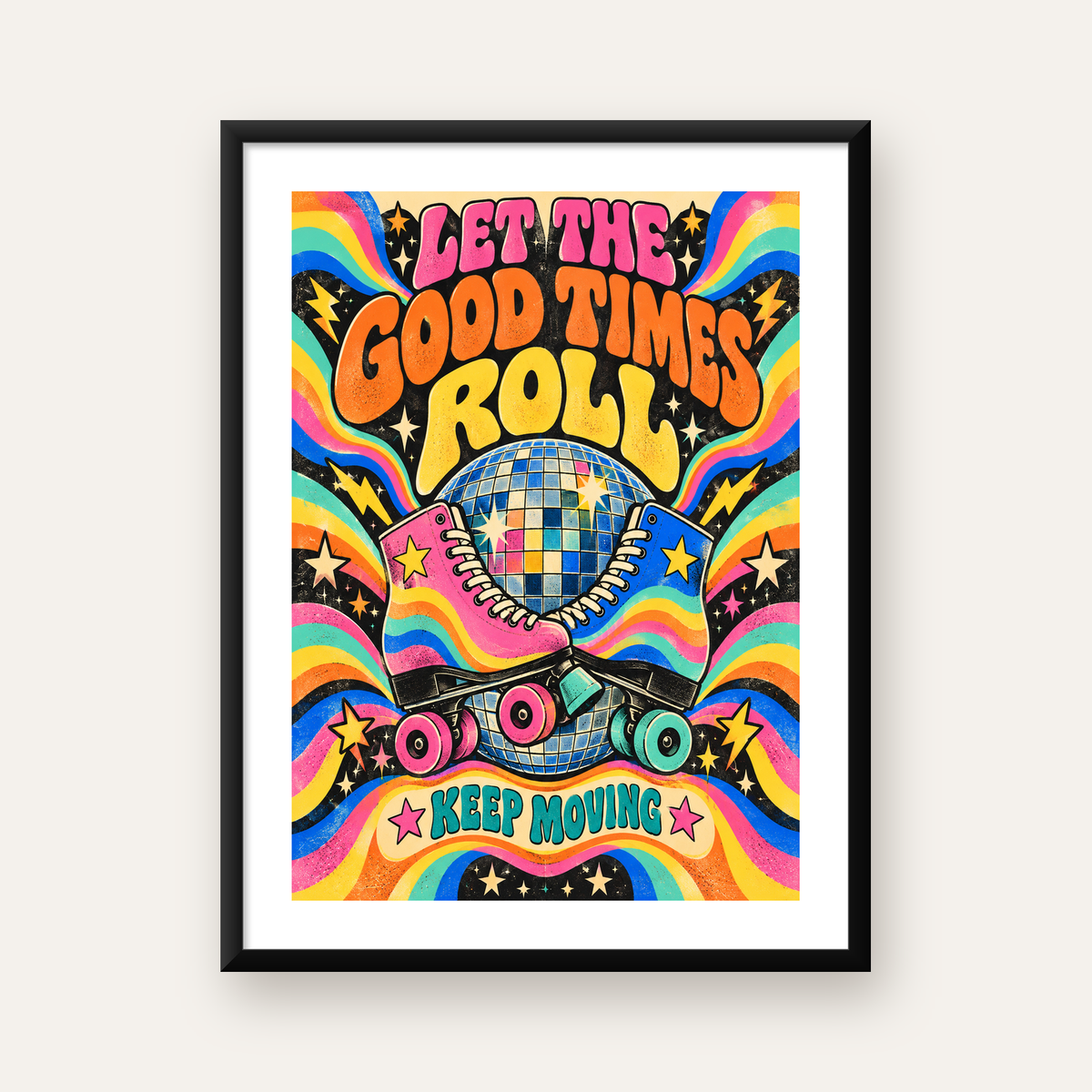 Retro Paten & Disko Topu Poster – Renkli 70’ler Duvar Dekoru — Dikey baskı, beyaz paspartulu